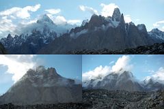 06 Clouds Clear In The Late Afternoon At Khoburtse Revealing Paiju Peak, Uli Biaho Tower, Trango Castle, Cathedral And Lobsang Spire.jpg